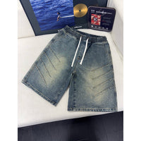 Washed Wrinkle-Effect Denim Shorts Mens Casual Mid-Length Pants