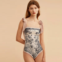 Vintage French Double Sided Print Slim One-Piece Swimsuit