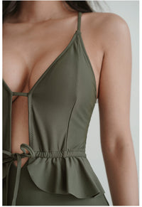 Sweet Solid Color Ruffled Straps Sexy Backless Swimwear Hot Spring