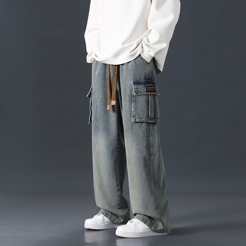 Loose Straight Wide-leg Pants Draping Gradient Washed Jeans For Men