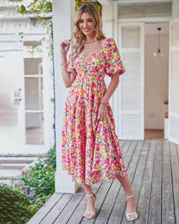 Digital-Print Bohemian Floral Patchwork Mid-to-High-Waist Dress