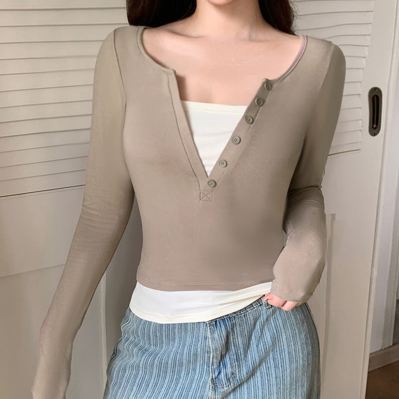 Color Contrast Patchwork Fake Two Pieces Long Sleeve Slim-fit Top