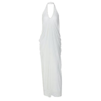 Summer New Sexy Loose Backless Sleeveless V-Neck Pleated Long Halter Mesh Dress