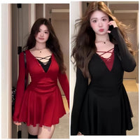 V-neck Lace-panel Faux Two-piece Sexy Dress