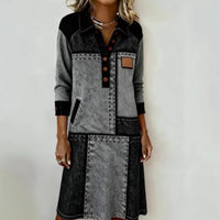 Womens Crew-Neck Pocketed Fashionable Elegant Contrast-Piece Joint Dress