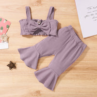 Children's Clothing Summer Sunken Stripe Cotton Bow Suspenders Short Shirt Bell-bottom Pants Suit