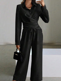 Women's Elegant Shirt Top And Wide-Leg Pants Two-Piece Set