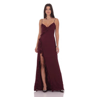 Womens Fashion V-Neck Ruffle-Trim Slit Backless Slip Dress