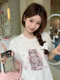 Cat Printing Short-sleeved T-shirt For Women Round Neck Loose Top