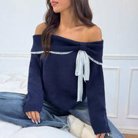 Women's Off-shoulder Casual Cute Contrast Color Tassel Long Sleeve Sweater
