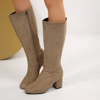 Fashionable Solid-Color Round-Toe Side-Zip Chunky-Heel Womens Over-the-Knee Boots