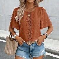 Women's Round-Neck Hollow-Out Lace Short-Sleeve Shirt