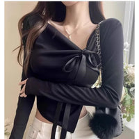 Fashionable Sexy Off-Shoulder Bow-Trimmed Asymmetrical Hem Long-Sleeve Top And Pants Set