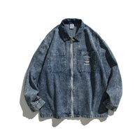 Retro Washed Distressed Zipper Couple Casual Denim Coat