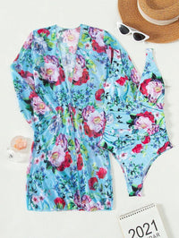 European And American Botanical Print Pleated Three-piece Swimsuit