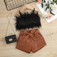 Furry Sling Top Solid Color Open Bag Leather Pants Suit With Belt