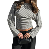 New Solid Color Round Neck Striped Sexy Long Sleeve T-shirt