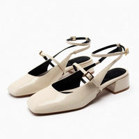 Women's Patent Leather Block Heel Open Back Square Toe Flat Sandals