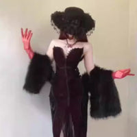 Christmas Cosplay Costume French Hepburn-Style Black Velvet Sparkly Dress Sexy Yoke Neck Fishtail Skirt