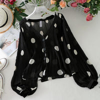 V-neck Pleated Polka Dot Sun Protection Shirt For Women