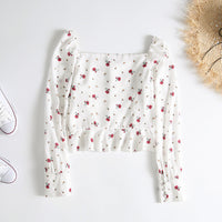 French Retro Square Neck Print Single-breasted Long Sleeve Ruffle Shirt