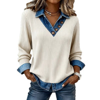 Womens Denim-Trim Patchwork Mock Two-Piece V-Neck Long-Sleeve Casual Top