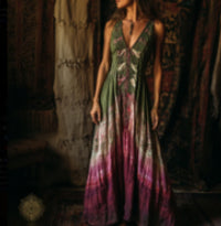 Womens V-Neck Creatively Printed Mid-Length Fairy-Like Dress