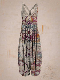 Abstract Printed Loose Plus Size Casual Suspender Jumpsuit