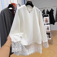 Lace-sleeved Long-sleeve T-shirt Loose-fitting Plus-size Mid-length Base Layer With Brushed Fabric