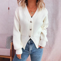 Commute Slim-fit Tight Waist Deep V-neck Metal Button Solid Color Knitted Cardigan Sweater