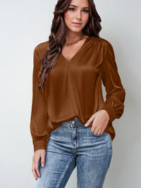 Satin Pleated Long-sleeved Top V-neck Casual Loose Shirt