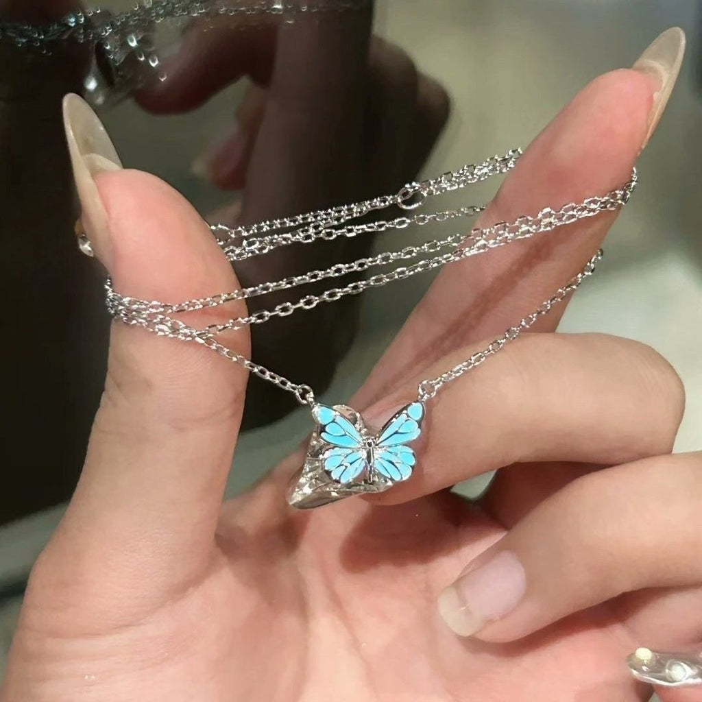 Blue Luminous Smart Butterfly Mori Style Aurora Clavicle Chain Butterfly Necklace For Women