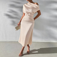 Womens Stylish Casual Off-shoulder Pleated Dress