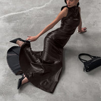 Stylish High-waisted Maxi Dress With Stand-up Collar
