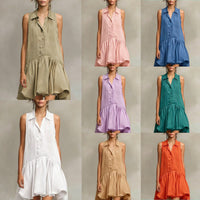 Single- Breasted Shirt Collar Ruffled Dress
