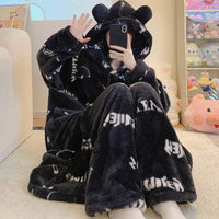 Coral Velvet Pajamas Female Long Velvet Lining Thickened Loungewear Suit