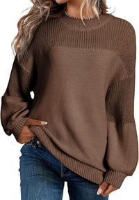 Solid Color Lantern Sleeve Pullover Round Neck Sweater