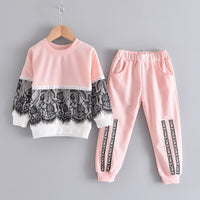 Lace Stitching Sweatshirt Suit Letter & Trousers Children's Two-piece Suit