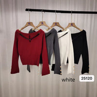 Women's Sweater Belt Off-shoulder Short Long Sleeve Top
