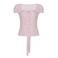 Womens French-style Puff-sleeve Figure-hugging Waist-cinching Blouse With A Tie