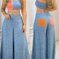Contrast-color Womens Spliced Tube-top Bodycon Suit With Trousers
