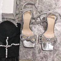 Bow-knot Square-toe Rhinestone High-heel Moccasin Sandals