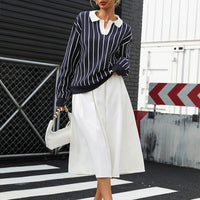 College Street Fashion Polo Collar Stripes Women's Sweater