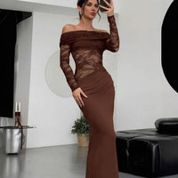 Womens Sexy Hollow-Out Lace Long-Sleeve Dress