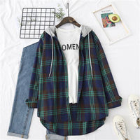 Retro Hong Kong Style Springsummer Autumn Plaid Shirt Women's Loose And Hooded Cardigan Coat