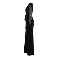 Elegant Black Lace-trimmed Cinched-waist Pleated Dress