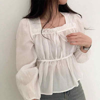 Retro Square Collar Lace Pleated Waisted Long-sleeved Shirt
