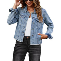 Female Solid Color Casual Embossed Denim Jacket Button Top