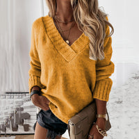 Solid-color Womens V-neck Long-sleeve Pullover Knit Top