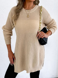Crew-neck Pullover Slit Design Machine-knit Casual Sweater